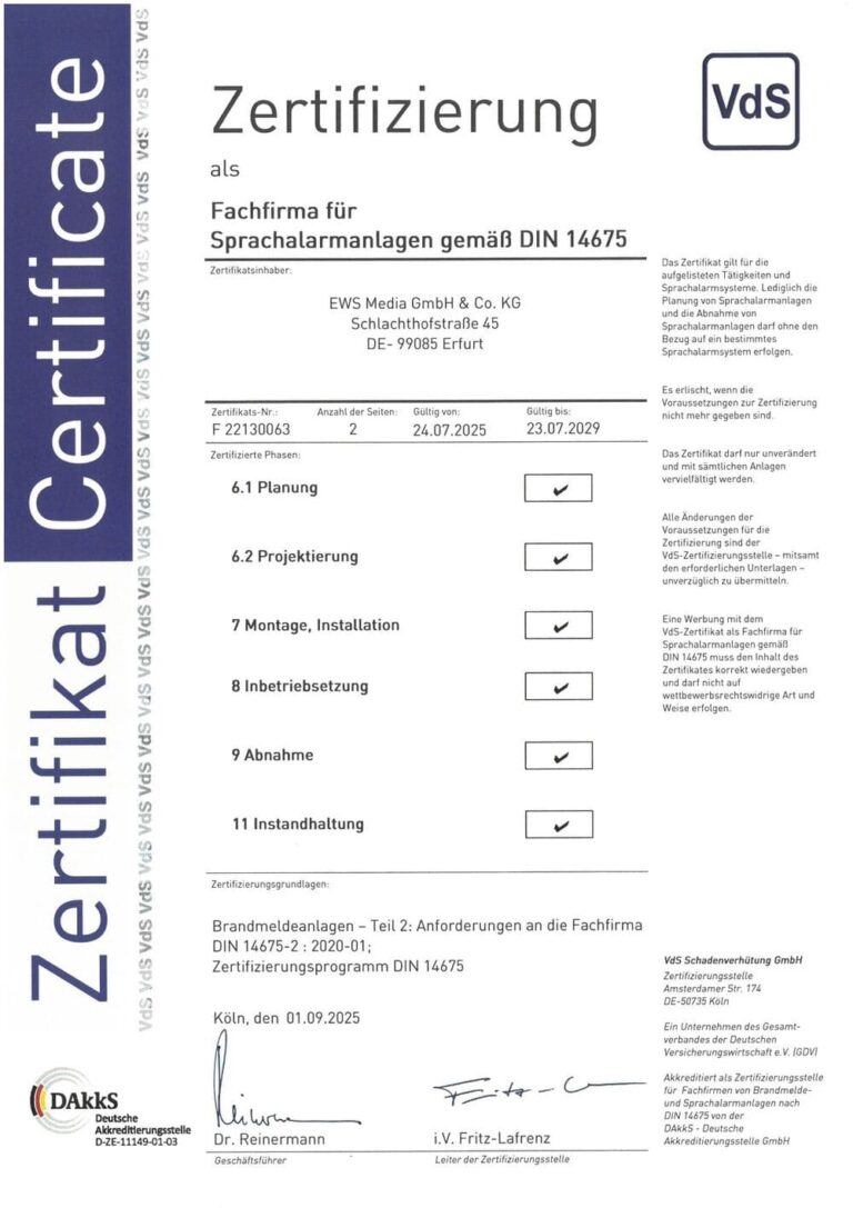Fachfirma für SAA gemäß DIN 14675 Zertifizierung