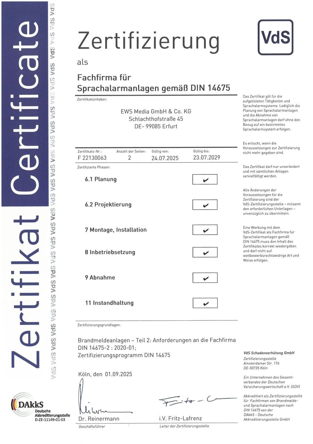 Fachfirma für SAA gemäß DIN 14675 Zertifizierung