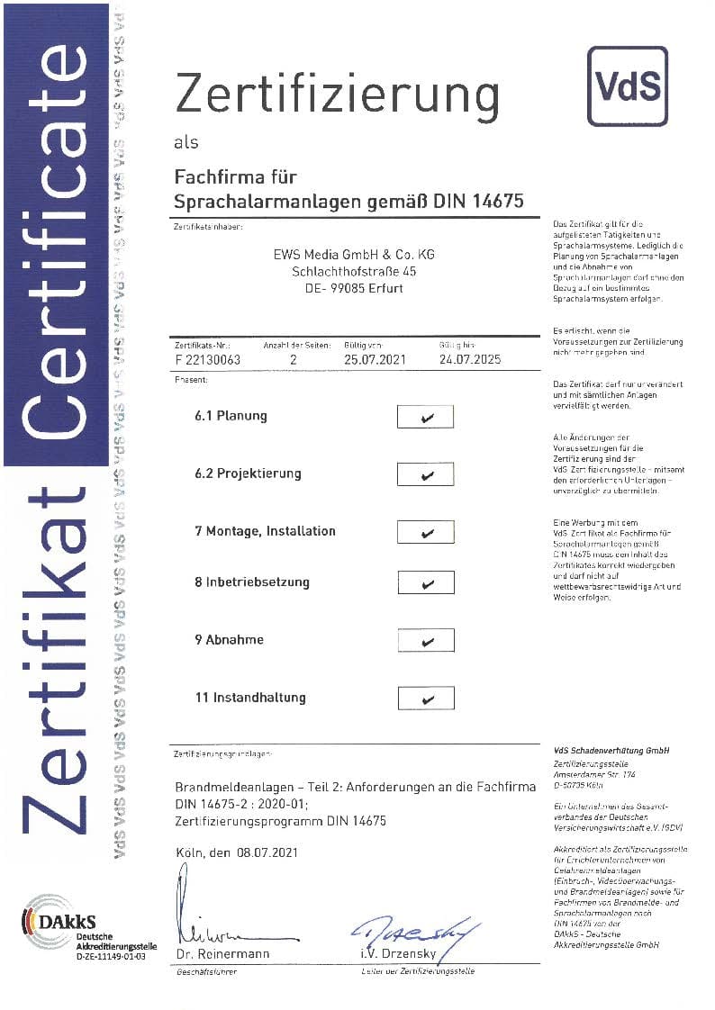 Zertifizierung Fachfirma für SAA gemäß DIN 14675