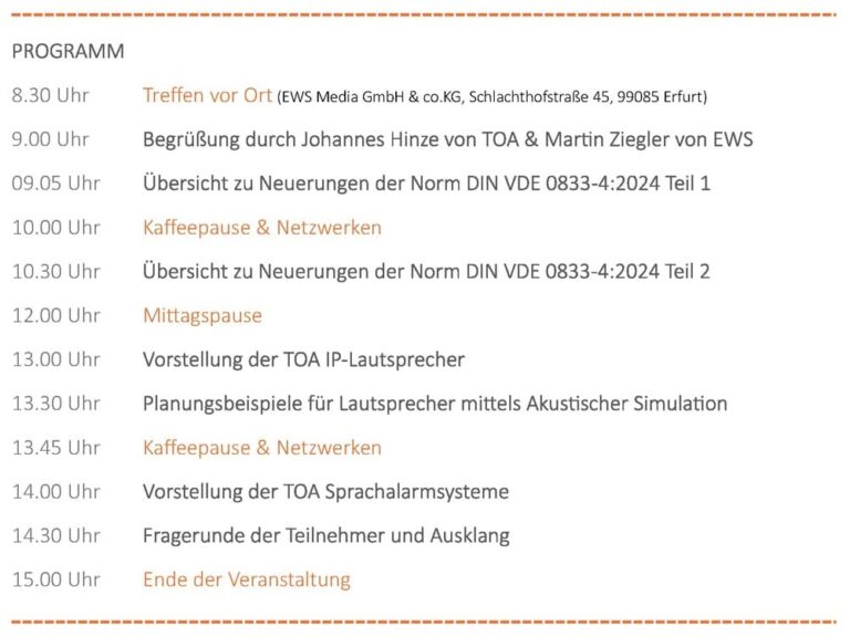 Planerseminar und Neuerungen der DIN VDE 0833-4 TOA Electronics